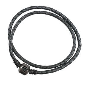 Pandora Gray Leather Double Wrap Sterling Silver Bracelet 13.75" #590705CGY